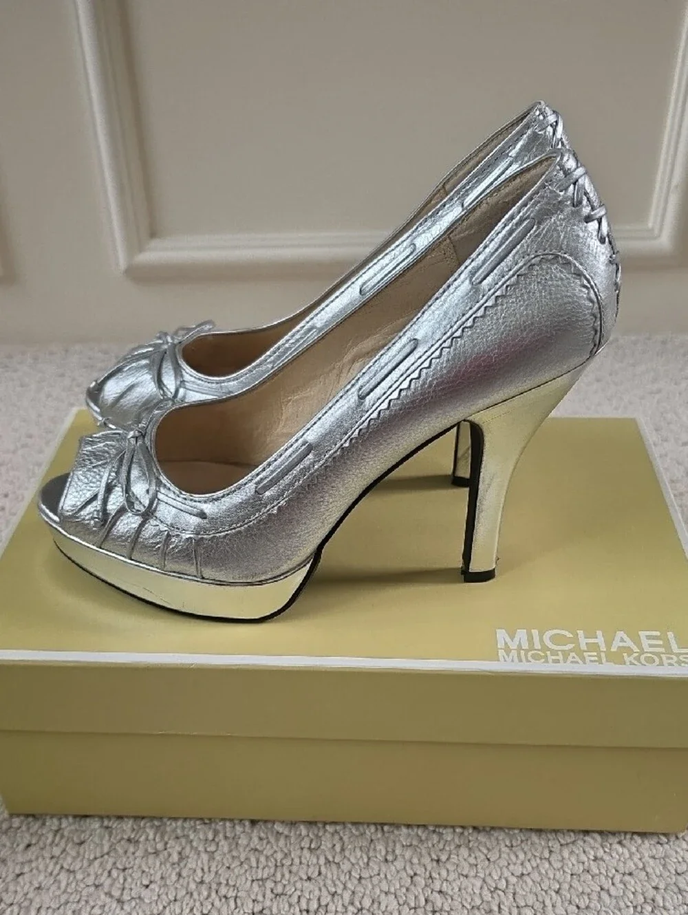 Michael Kors Metallic Silver Peep-Toe Heels with Bow Detail